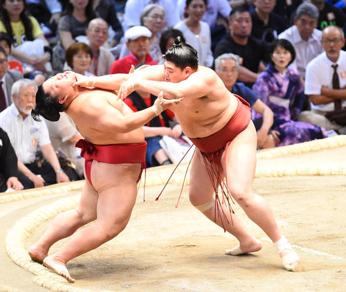 大相撲名古屋場所13日目　大栄翔（左）を強烈な突き押しで攻め込む阿炎（右）（撮影・森本幸一）