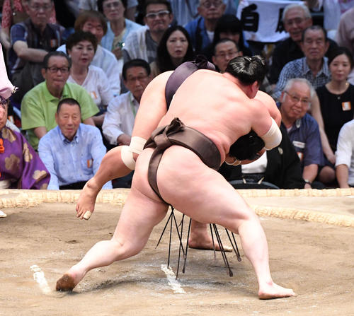 大相撲名古屋場所13日目　白鵬（手前）が小手投げで妙義龍に勝利する（撮影・奥田泰也）