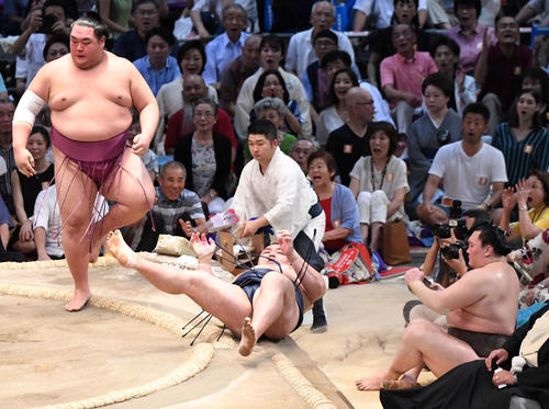 大相撲名古屋場所13日目　友風に鶴竜がはたき込みで負ける、右は白鵬（撮影・奥田泰也）