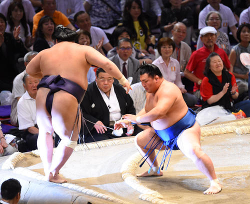 大相撲名古屋場所13日目　阿武咲（左）を押しだしで破る照強（右）（撮影・森本幸一）