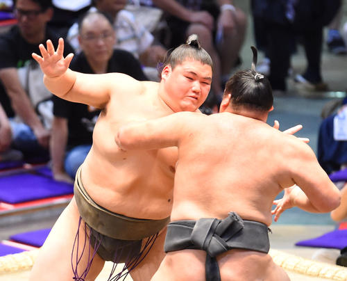 大相撲名古屋場所13日目　大成道（手前）を激しく突き押す納谷（奥）（撮影・森本幸一）