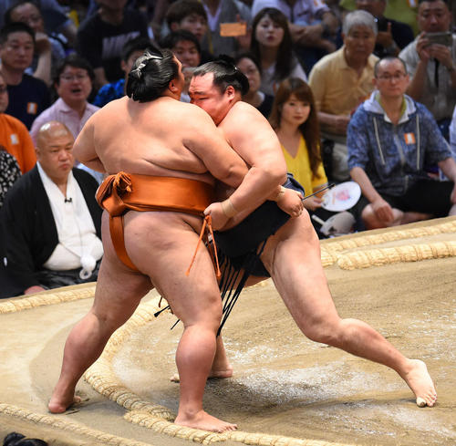 大相撲名古屋場所14日目　御嶽海（左）を寄りきりで破る鶴竜（右）（撮影・森本幸一）