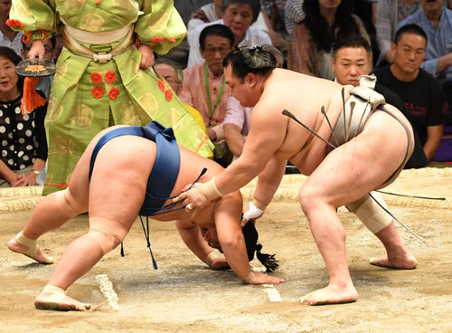 大相撲名古屋場所14日目　北勝富士（右）が突き落としで照強に勝利する（撮影・奥田泰也）