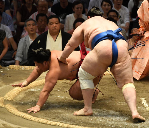 碧山（右）は大栄翔をはたき込みで破る（撮影・前岡正明）