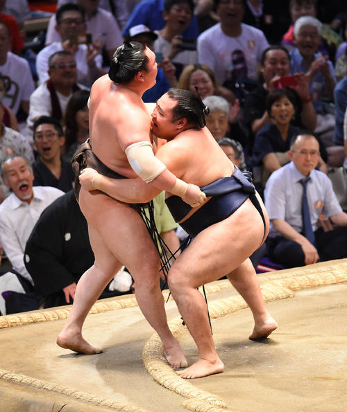 大相撲名古屋場所千秋楽　白鵬（左）を寄りきりで破る鶴竜（右）（撮影・森本幸一）