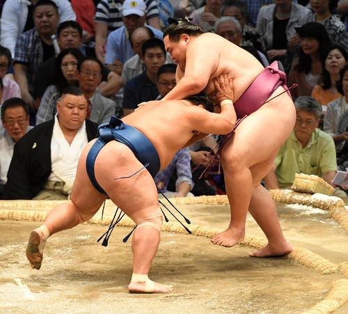 照強（左）は友風を押し出しで破る（撮影・前岡正明）