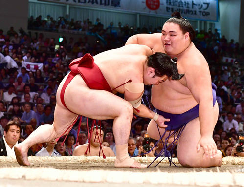 炎鵬（左）は大翔鵬を下手投げで破る（撮影・小沢裕）