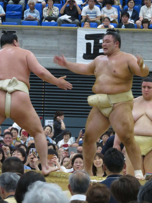 稽古で白鵬（左）にぶつかる前に、まわしをたたいて気合を入れる朝乃山