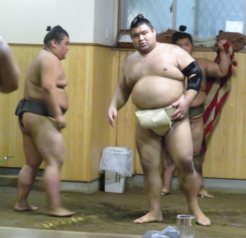 ぶつかり稽古で若い衆に胸を出した高安（手前右）