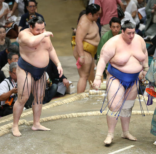碧山（右）をはたき込みで下す鶴竜（撮影・河田真司）