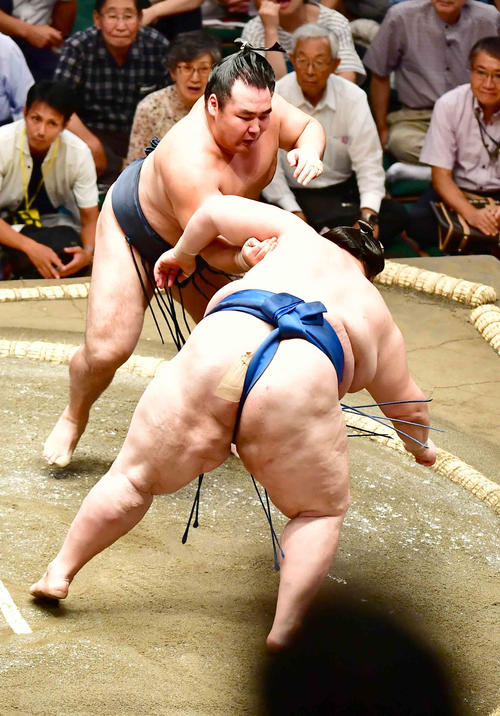 鶴竜（左）は逸ノ城を肩すかしで下す（撮影・小沢裕）