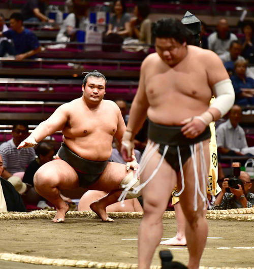 白石（右）を押し出しで下し勝ち名乗りを受ける千代の国（撮影・小沢裕）