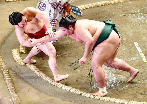 炎鵬（左）は錦木に押し倒しで敗れる（撮影・小沢裕）