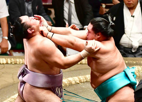 明生（右）は押し出しで琴恵光を下す（撮影・小沢裕）