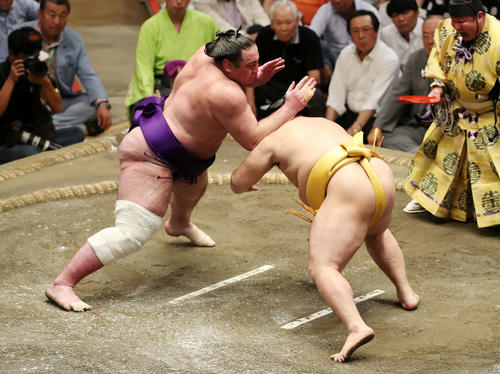 遠藤（右）をはたき込みで破る栃ノ心（撮影・鈴木正人）