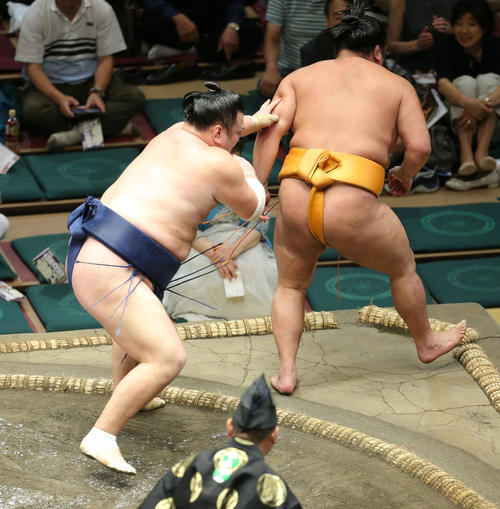 旭大星（右）を押し出しで破る勢（撮影・河田真司）