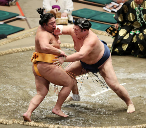 旭大星（左）を激しく攻める勢（撮影・鈴木正人）
