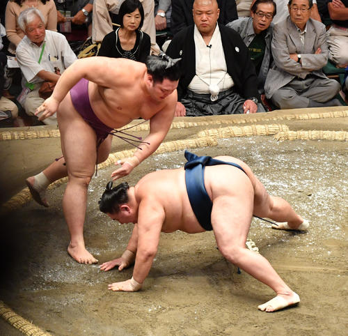 朝乃山（左）は玉鷲を突き落としで破る（撮影・柴田隆二）