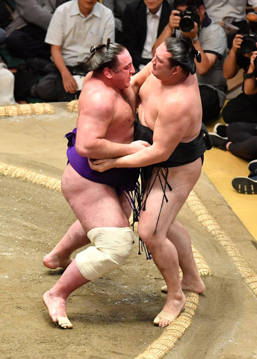 栃ノ心（左）は竜電を寄り切りで破る（撮影・柴田隆二）