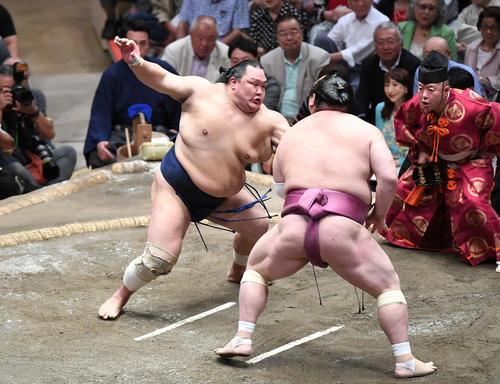 北勝富士（左）は押し出しで宝富士を下す（撮影・加藤諒）
