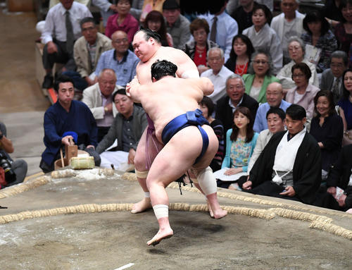 北勝富士（手前）は押し出しで宝富士を下す（撮影・加藤諒）