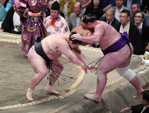 豪栄道（左）は寄り切りで栃ノ心を下す（撮影・加藤諒）