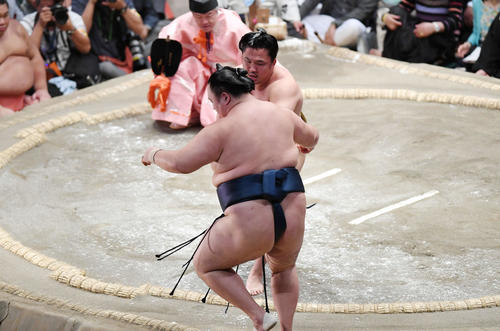 石浦（奥）は玉鷲を寄り切りで下す（撮影・加藤諒）
