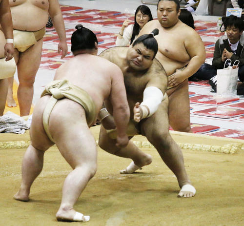 三番稽古を行う高安（右）（撮影・佐藤礼征）
