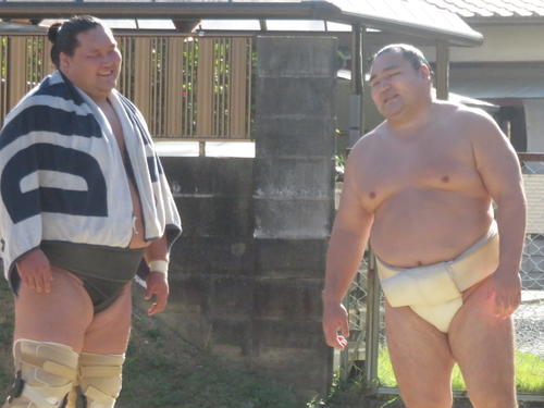 時津風部屋での出稽古で言葉を交わす鶴竜（右）と照ノ富士