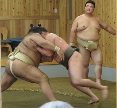 ぶつかり稽古で胸を出す高安（手前左）を見つめる荒磯親方（後方）
