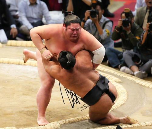 松鳳山を小手投げで下す剣翔（撮影・菊川光一）