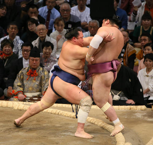 宝富士(右)を押し出しで破る北勝富士(撮影・栗木一考)