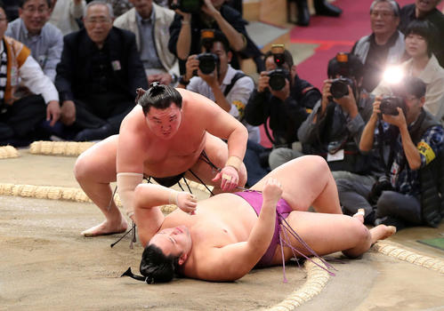 朝乃山(下)をすくい投げで破った白鵬(撮影・鈴木正人)