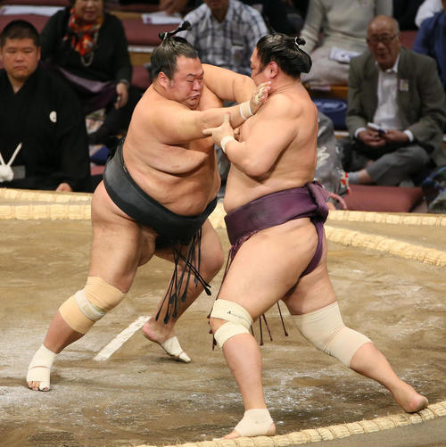 旭秀鵬（右）をはたき込みで破る豊ノ島（撮影・栗木一考）