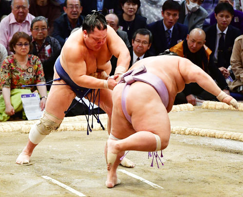 琴勇輝（右）をはたき込む北勝富士（撮影・清水貴仁）
