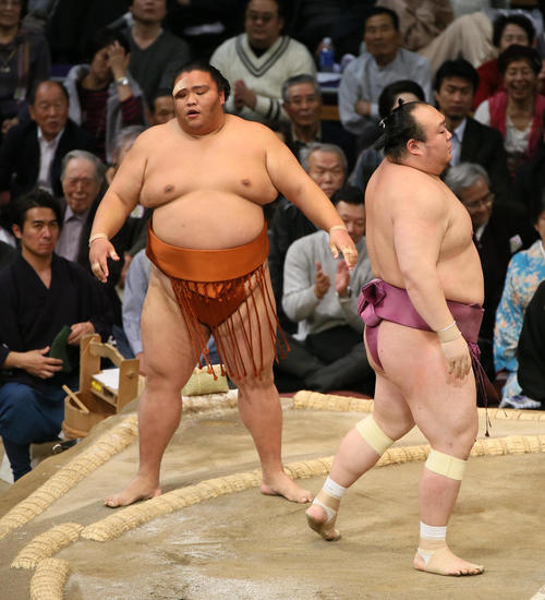 御嶽海(左)を寄り切りで破る宝富士(撮影・栗木一考)