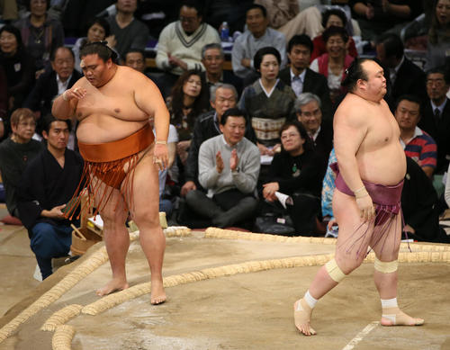 宝富士（右）に寄り切りで敗れる御嶽海（撮影・栗木一考）