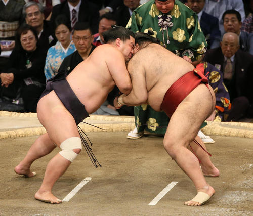 高安（右）を寄り倒しで破る妙義龍（撮影・栗木一考）