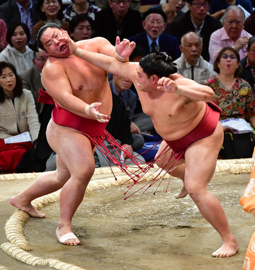 大栄翔（左）を押し出しで破る阿炎（撮影・清水貴仁）