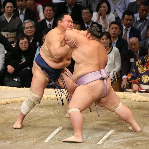 琴勇輝(右)をはたき込みで破る北勝富士(撮影・栗木一考)
