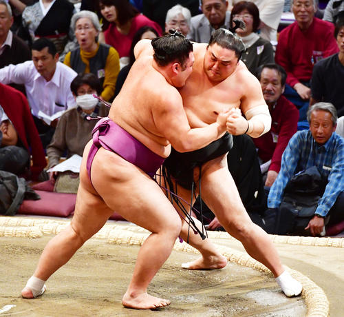 隠岐の海（右）を寄り切りで破る朝乃山（撮影・清水貴仁）