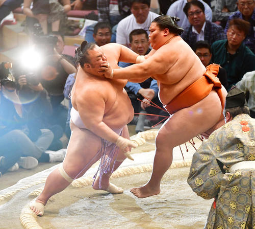琴勇輝（左）を押し出しで破る御嶽海（撮影・清水貴仁）