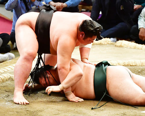 豊山（右）を突き落としで破る剣翔（撮影・清水貴仁）