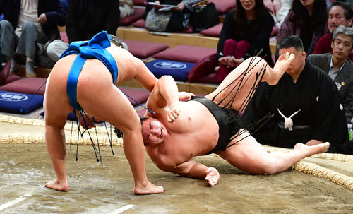 若元春（右）を上手投げで破る豊昇龍（撮影・清水貴仁）