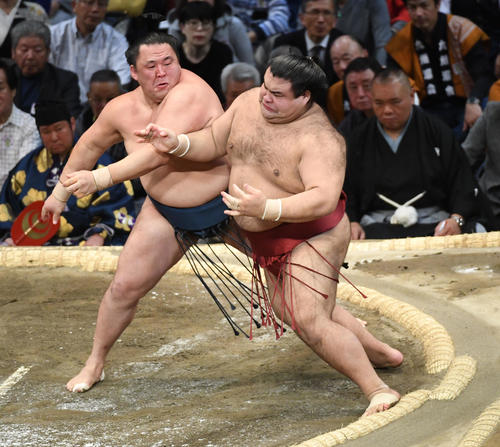 高安と玉鷲の攻防（撮影・今浪浩三）