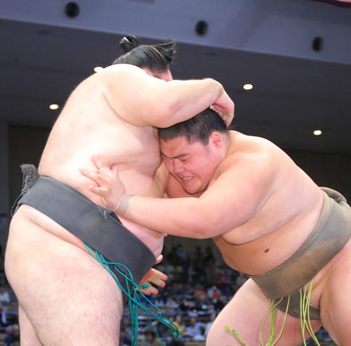 千代鳳（左）を攻める納谷（撮影・河田真司）