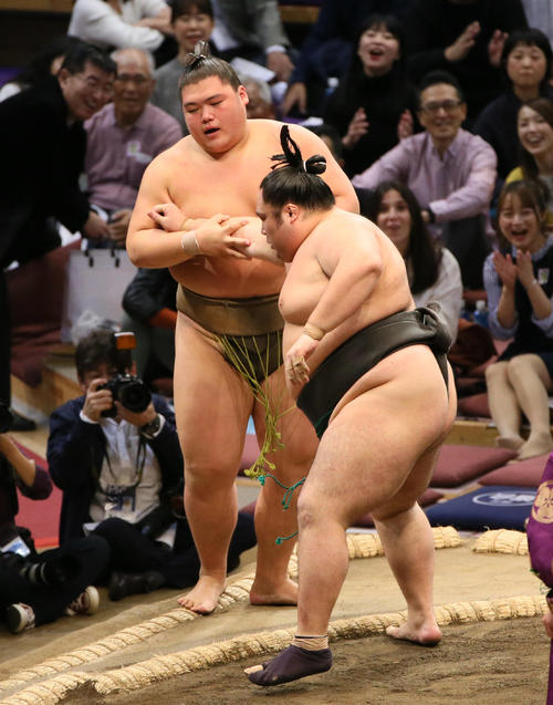 千代鳳（右）に押し出しで敗れる納谷（撮影・栗木一考）