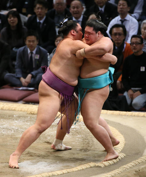 明生（右）を寄り切りで破る朝乃山（撮影・栗木一考）