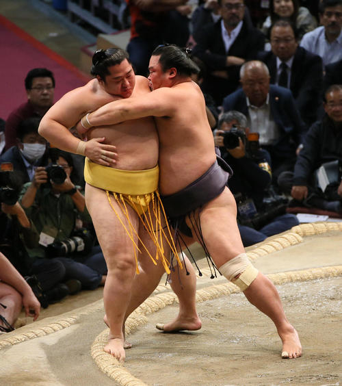 藤（左）を寄り切りで破る妙義龍（撮影・栗木一考）