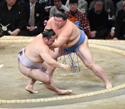 琴恵光を押し倒しで破る正代（右）（撮影・今浪浩三）